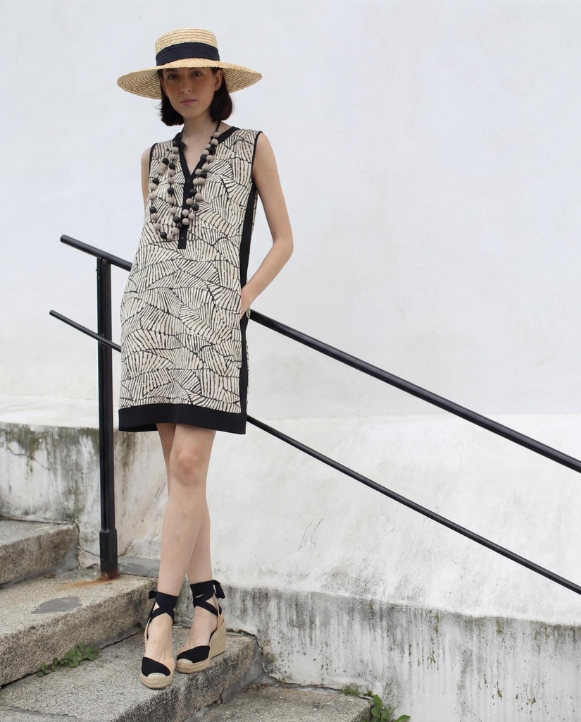 Vestido De Plana Sin Mangas Estampado Hojas Bicolor, EGATEX